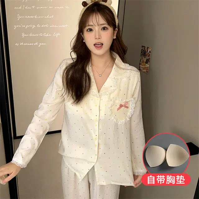 静英鸾  圆点蝴蝶结翻领甜美风休闲舒适家居服睡衣礼盒 女款