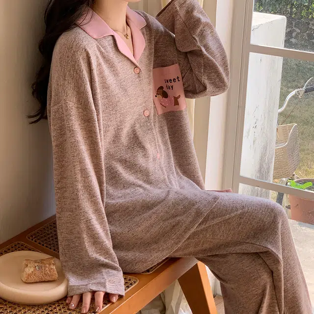 静英鸾 翻领简约甜美休闲时尚卡通小狗亲肤舒适可外穿家居服睡衣套装 女款