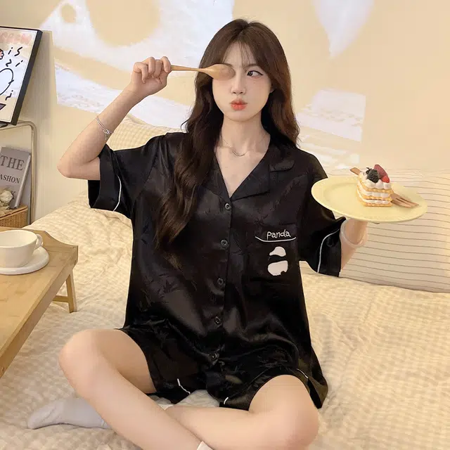 静英鸾 翻领卡通熊猫简约风休闲舒适三件套家居服睡衣套装 女款