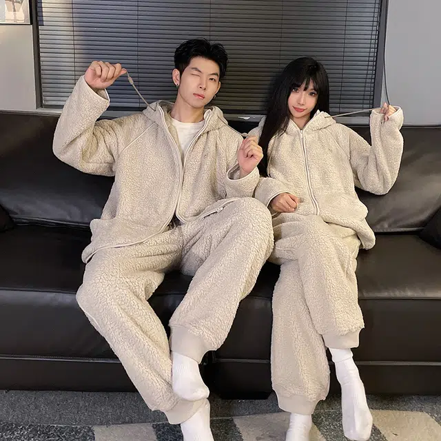 静英鸾 纯色珊瑚绒加绒加厚保暖连帽甜美风休闲舒适家居服秋冬季睡衣套装 男女同款