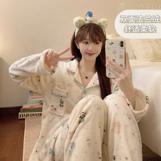 静英鸾 法兰绒加厚保暖时尚甜美风休闲舒适家居服睡衣套装 女款
