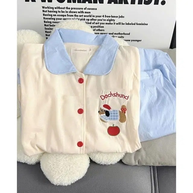 静英鸾 舒适简约卡通腊肠小狗图案长袖翻领家居服睡衣礼盒 女款