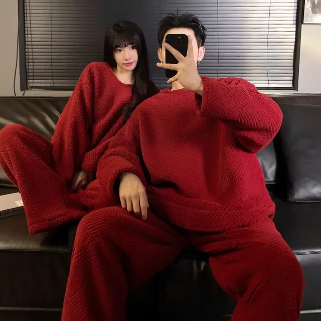 静英鸾 秋冬季纯色圆领甜美风珊瑚绒加绒加厚保暖家居服睡衣套装 男女同款