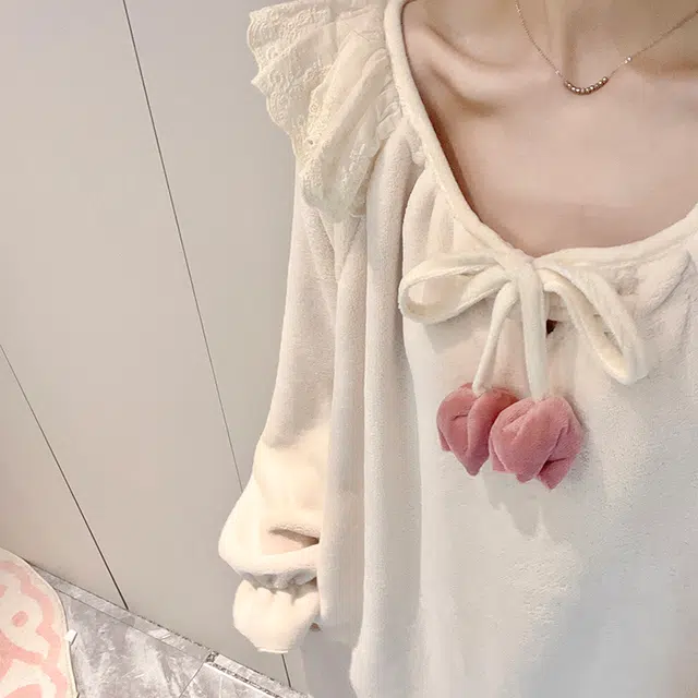 静英鸾 秋冬季纯色卡通小花珊瑚绒保暖加绒加厚甜美风长袖家居服睡裙 女款
