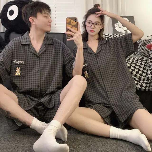 静英鸾 夏季男简约透气舒适格子卡通企鹅图案家居服睡衣套装 男款