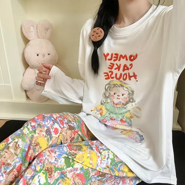 静英鸾 棉质带胸垫长袖长裤圆领套头卡通甜美花朵家居服秋冬季睡衣套装 女款