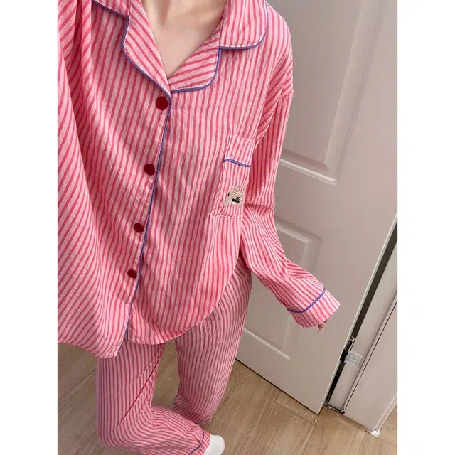 静英鸾 简约粉条纹小兔休闲风格舒适长袖家居服睡衣套装 女款
