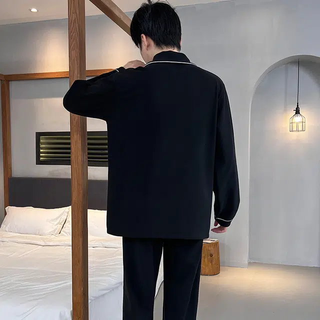 静英鸾 德绒长袖长裤翻领开衫简约国风熊猫家居服秋冬季睡衣套装 男款