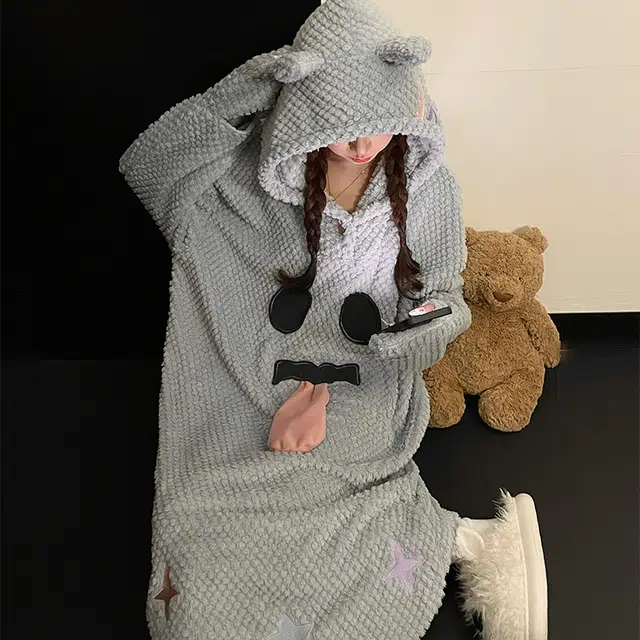 静英鸾 休闲时尚简约灰甜美可爱卡通柔软保暖舒适可外穿家居服睡裙 女款