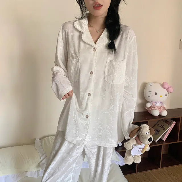 静英鸾 金丝绒保暖加厚长袖长裤翻领开衫公主风家居服冬季睡衣套装 女款