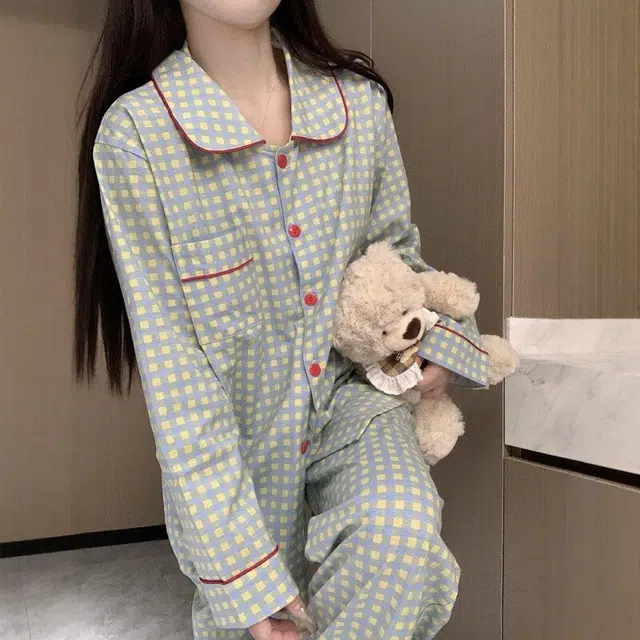 静英鸾 简约方格时尚翻领亲肤舒适可外穿家居服睡衣套装 女款