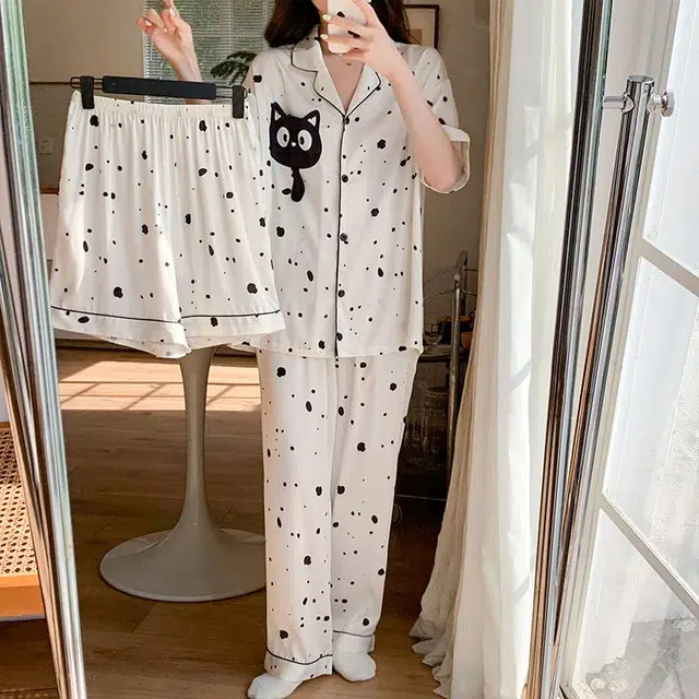静英鸾 休闲舒适简约卡通小猫波点图案短袖翻领开衫家居服睡衣套装 女款