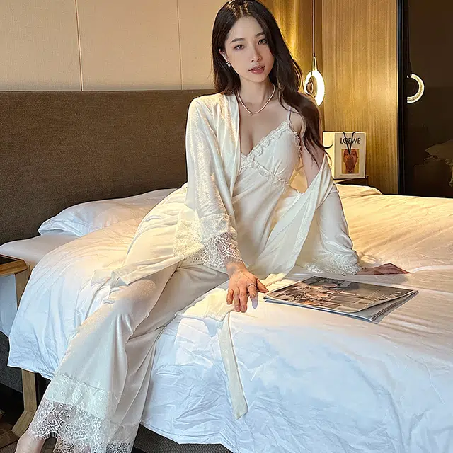 静英鸾 金丝绒长袖睡袍吊带长裤纯色休闲花边性感家居服秋冬季睡衣套装 女款