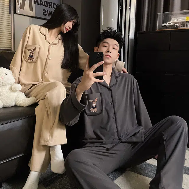 静英鸾 纯色卡通兔子时尚简约风冬季德绒加厚保暖家居服睡衣套装 男女同款