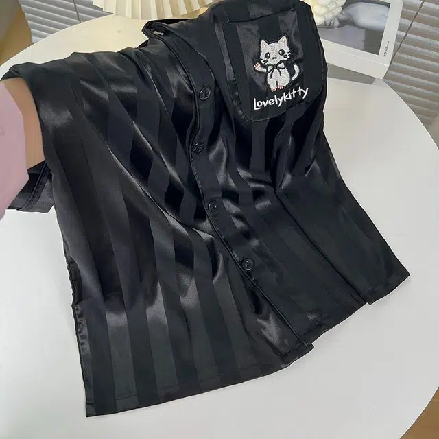 静英鸾 夏季男简约休闲风短袖条纹卡通小猫图案家居服睡衣礼盒 男款
