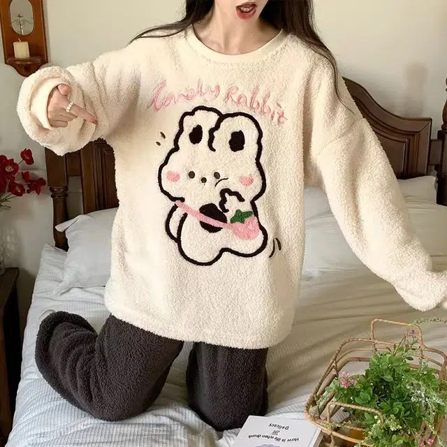 静英鸾 半边绒加厚保暖卡通甜美兔子圆领长袖长裤休闲家居服秋冬季睡衣套装 女款
