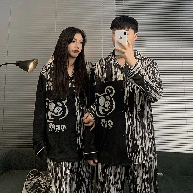静英鸾 棉质长袖长裤翻领开衫卡通条纹小熊情侣休闲家居服秋冬季睡衣套装 男女同款