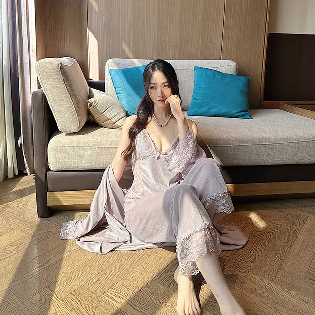 静英鸾 金丝绒长袖睡袍吊带长裤纯色甜美休闲花边性感家居服秋冬季睡衣套装 女款