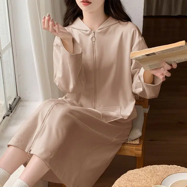 静英鸾 德绒长袖长裙连帽拉链纯色简约柔软舒适休闲家居服秋冬季保暖套装 女款