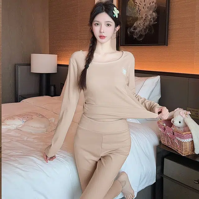 静英鸾 德绒长袖长裤圆领套头简约纯色柔软舒适两件套家居服秋冬季保暖套装 女款
