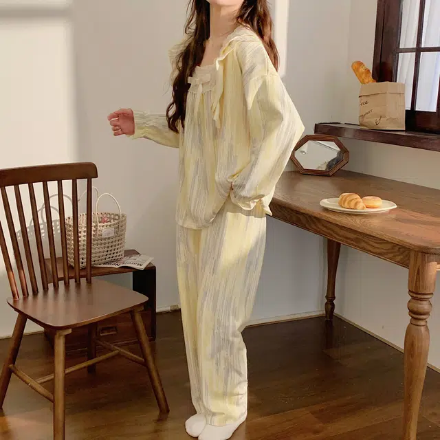 静英鸾 秋季印花蝴蝶结时尚简约风休闲舒适家居服睡衣套装 男女同款