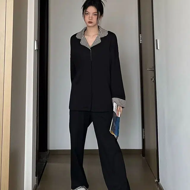 静英鸾 格子翻领长袖舒适可外穿高级感家居服睡衣套装 女款