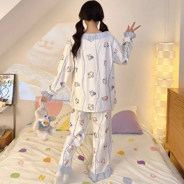 静英鸾 德绒长袖长裤圆领开衫卡通条纹兔子两件套家居服秋冬季保暖套装 女款