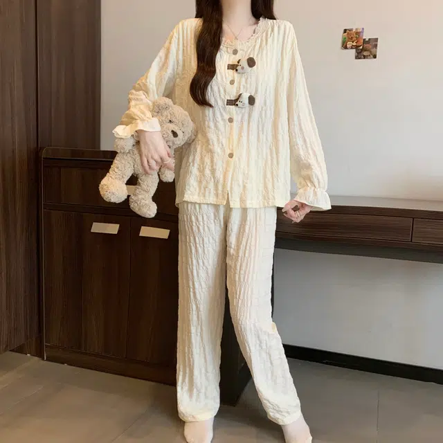 静英鸾 家居女舒适简约休闲风圆领花边设计长袖长裤服睡衣礼盒 女款