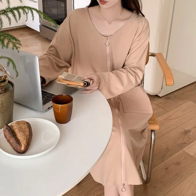 静英鸾 德绒长袖长裙圆领拉链纯色简约舒适家居服秋冬季保暖套装 女款