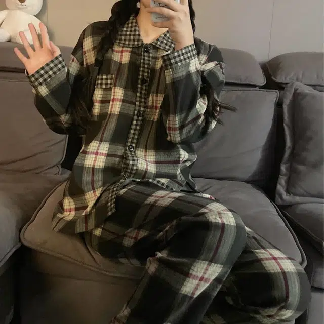 静英鸾 情侣格子长袖开衫简约设计家居服睡衣套装 男女同款