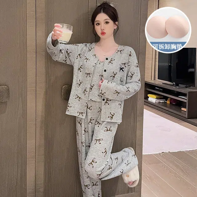静英鸾 棉质羊绒长袖吊带长裤开衫纯色简约甜美蝴蝶结家居服秋冬季睡衣套装 女款