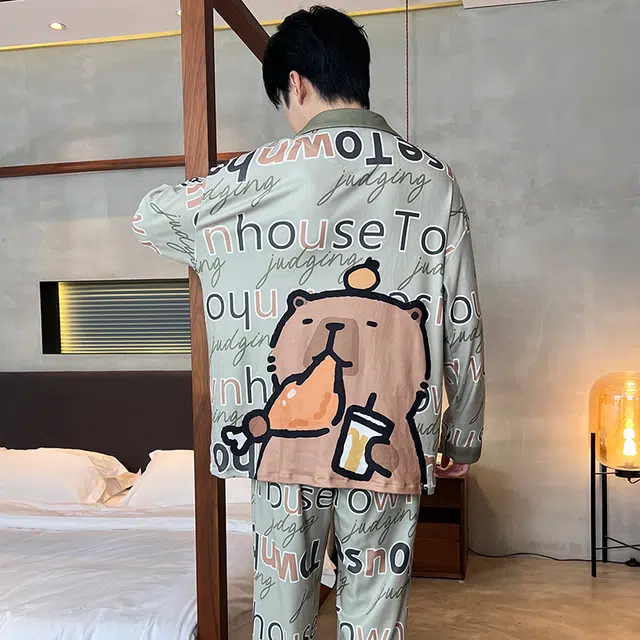 静英鸾 德绒长袖长裤翻领开衫可爱卡通卡皮巴拉休闲家居服秋冬季睡衣套装 男款