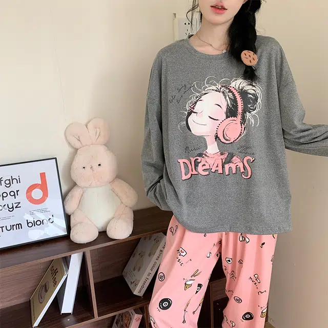 静英鸾 棉质带胸垫长袖长裤圆领套头可爱卡通甜美女孩家居服秋冬季睡衣套装 女款