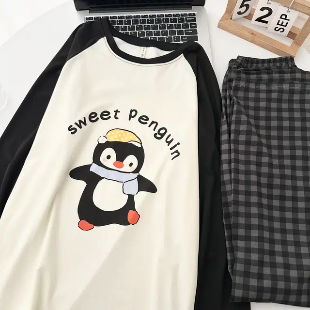 静英鸾 长袖长裤休闲简约圆领设计卡通企鹅家居服睡衣礼盒 男女同款