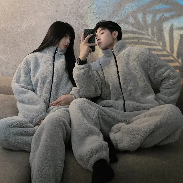 静英鸾 宅家舒适时尚简约风珊瑚绒加绒加厚保暖家居服睡衣套装 男女同款
