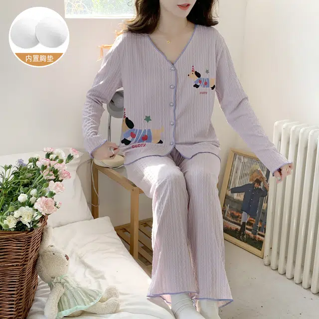 静英鸾 带胸垫甜美可爱简约紫卡通腊肠狗休闲亲肤舒适可外穿家居服睡衣套装 女款