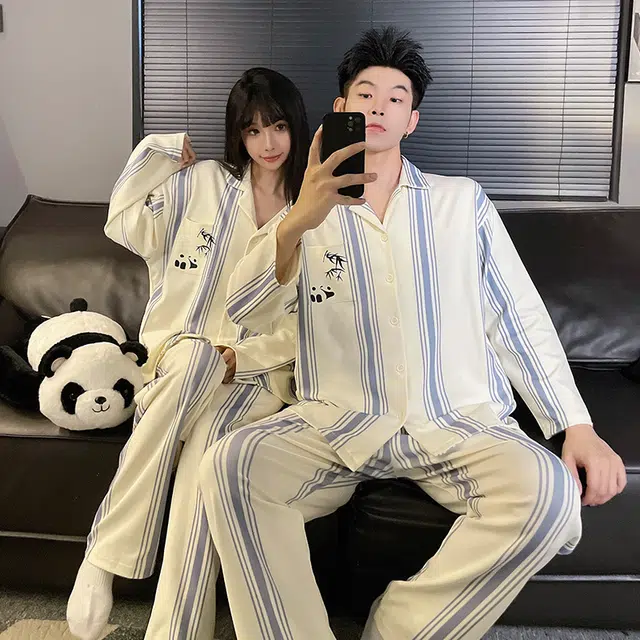 静英鸾 翻领条纹可爱熊猫慵懒甜美风休闲舒适家居服睡衣套装 男女同款