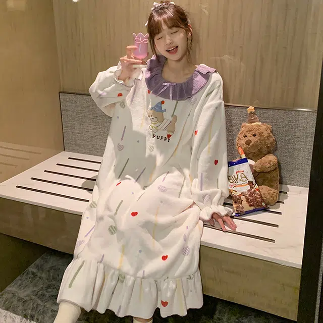 静英鸾 休闲时尚甜美可爱卡通字母小狗亲肤保暖舒适法兰绒可外穿睡裙 女款