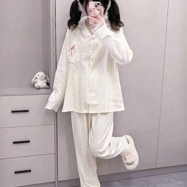 静英鸾 翻领甜美风休闲舒适长袖长裤家居服睡衣套装 女款