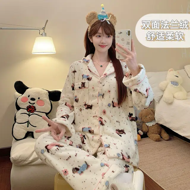 静英鸾 冬季宅家可爱腊肠狗甜美风珊瑚绒加绒加厚家居服睡衣套装 女款