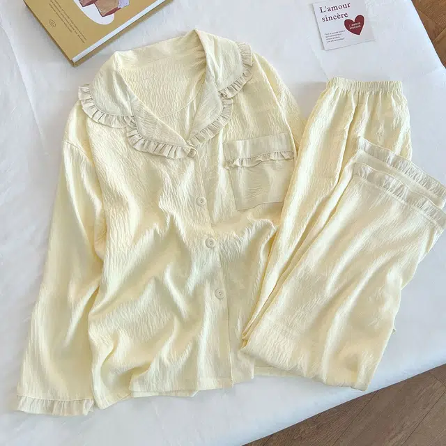 静英鸾 花边翻领开衫纯色简约长袖长裤休闲家居服秋冬季睡衣套装 女款