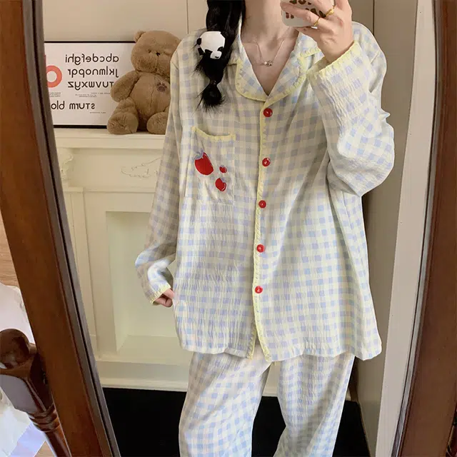 静英鸾 云朵棉长袖长裤翻领开衫纯色格子苹果两件套家居服秋冬季睡衣套装 女款
