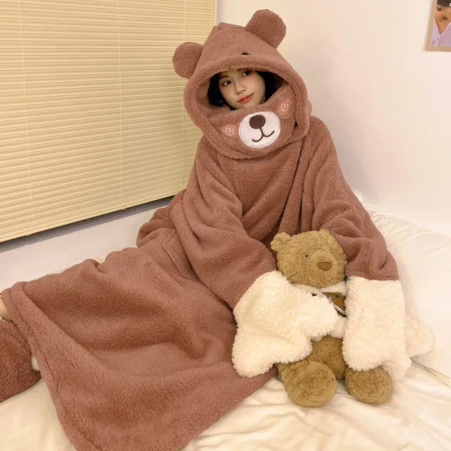 静英鸾 珊瑚绒保暖加绒加厚卡通小熊可爱连帽长袖休闲家居服睡袍 女款