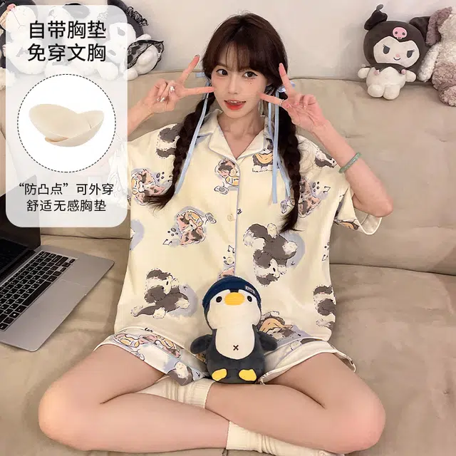 静英鸾 带胸垫短袖短裤翻领开衫可爱卡通小狗休闲舒适家居服睡衣礼盒 女款