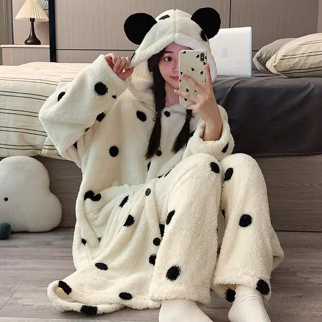 静英鸾 圆点舒适轻便加绒加厚长袖长裤家居服睡衣套装 女款