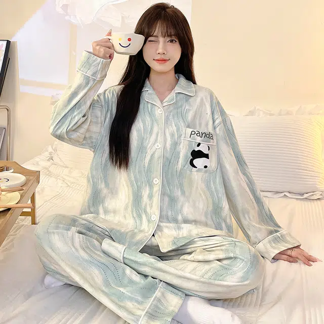 静英鸾 翻领卡通熊猫甜美风冬季德绒加厚保暖休闲舒适家居服睡衣套装 女款