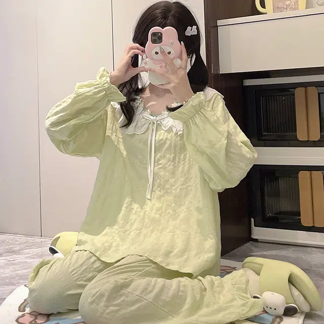 静英鸾 带胸垫简约花边甜美可爱小清新亲肤舒适可外穿家居服睡衣套装 女款