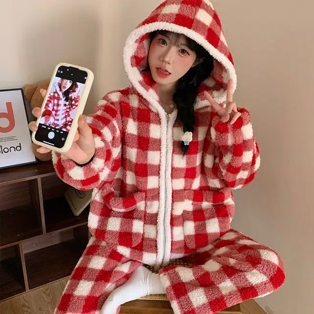 静英鸾 休闲时尚拉链连帽甜美简约红格子法兰绒柔软舒适可外穿家居服睡衣套装 女款