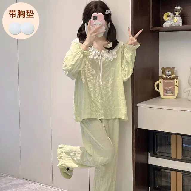 静英鸾 带胸垫简约花边甜美可爱小清新亲肤舒适可外穿家居服睡衣套装 女款
