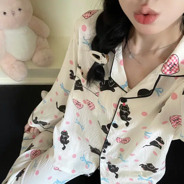 静英鸾 云朵棉长袖长裤翻领开衫卡通爱心小黑猫家居服秋冬季睡衣套装 女款